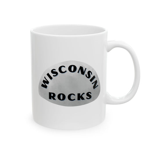 WISCONSIN ROCKS Ceramic Coffee Mug - Unique Gift, Gray & White Design