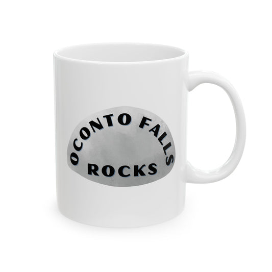 OCONTO FALLS ROCKS Ceramic Coffee Mug - Unique Gift, Gray & White Design