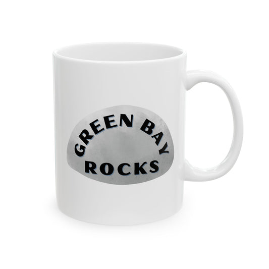 GREEN BAY ROCKS Ceramic Coffee Mug - Unique Gift, Gray & White Design