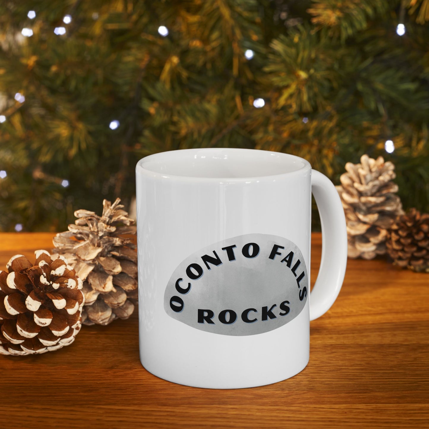 OCONTO FALLS ROCKS Ceramic Coffee Mug - Unique Gift, Gray & White Design
