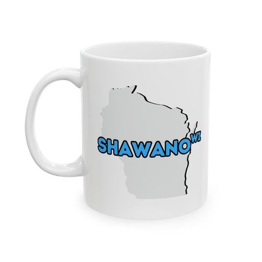 SHAWANO WI - Ceramic Coffee Mug - Unique Gift, Gray & White Design
