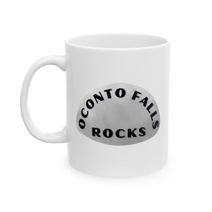 OCONTO FALLS ROCKS Ceramic Coffee Mug - Unique Gift, Gray & White Design