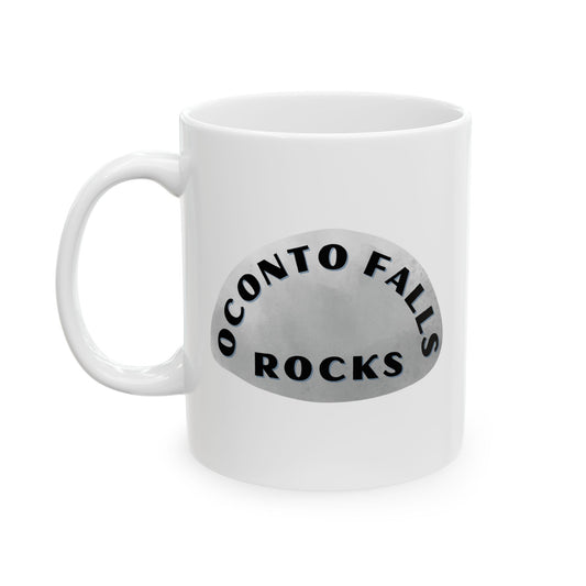 OCONTO FALLS ROCKS Ceramic Coffee Mug - Unique Gift, Gray & White Design