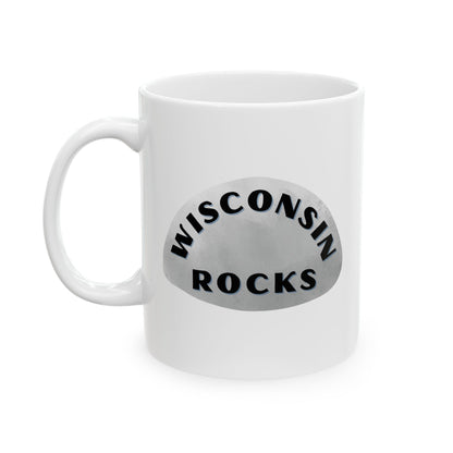 WISCONSIN ROCKS Ceramic Coffee Mug - Unique Gift, Gray & White Design