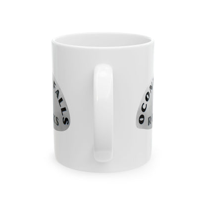 OCONTO FALLS ROCKS Ceramic Coffee Mug - Unique Gift, Gray & White Design