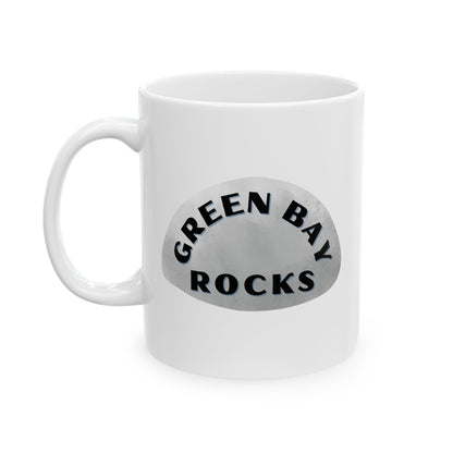 GREEN BAY ROCKS Ceramic Coffee Mug - Unique Gift, Gray & White Design